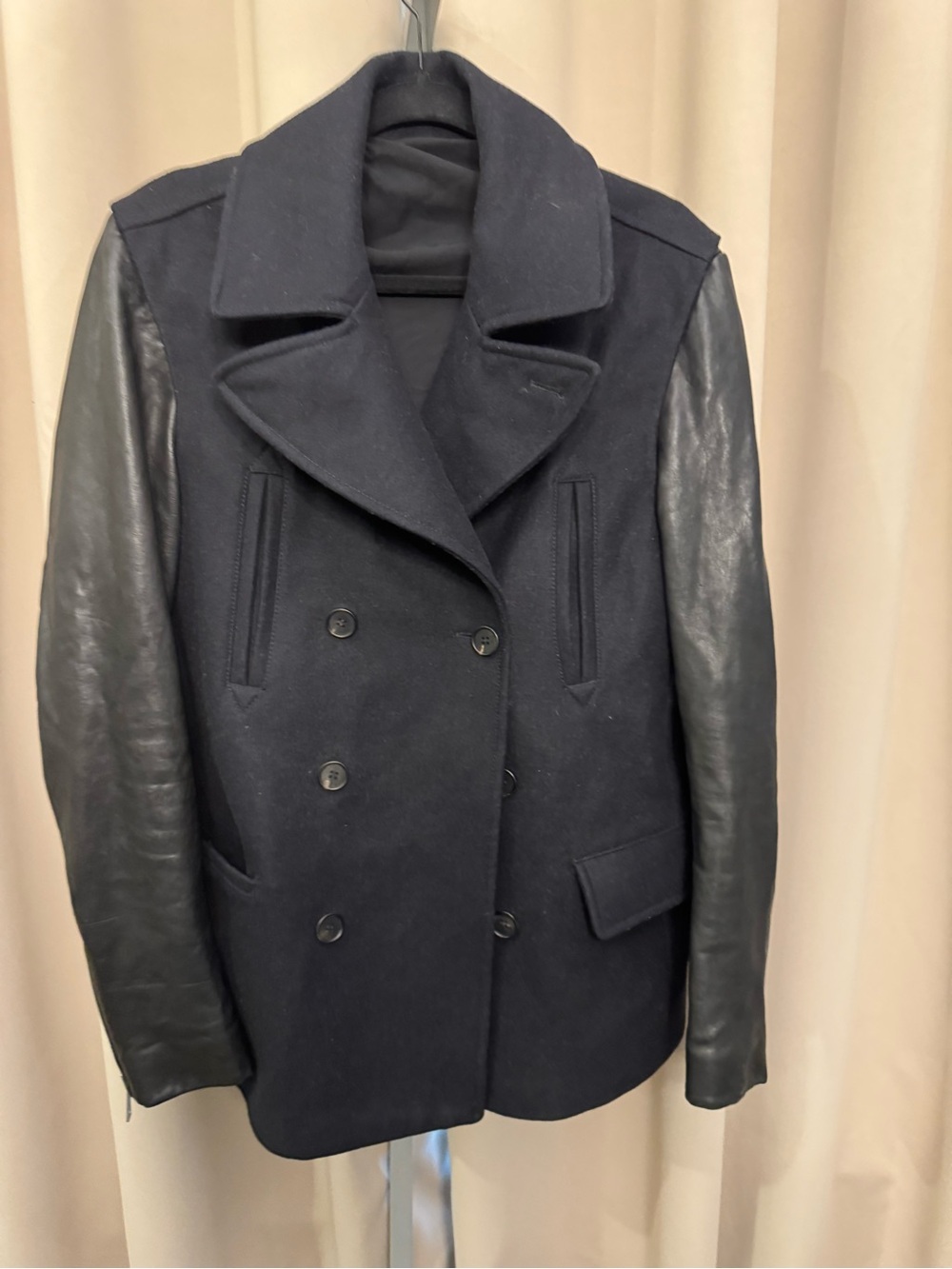 AllSaints Black Wool Peacoat with Leather Sleeves